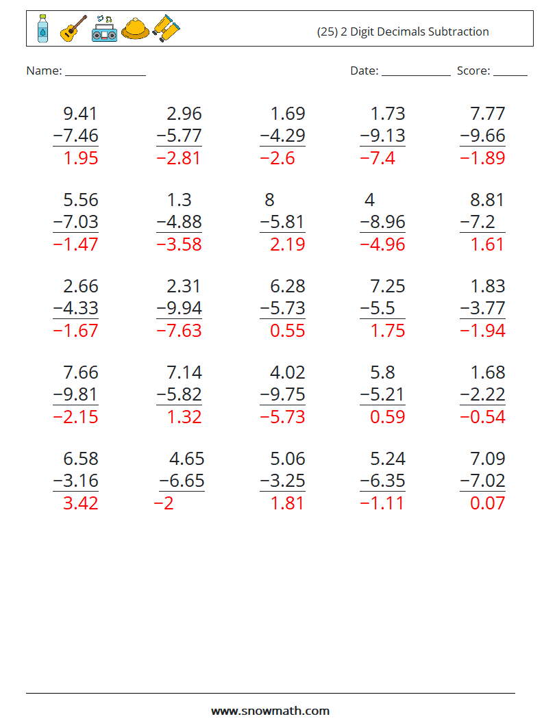 (25) 2 Digit Decimals Subtraction Math Worksheets 4 Question, Answer