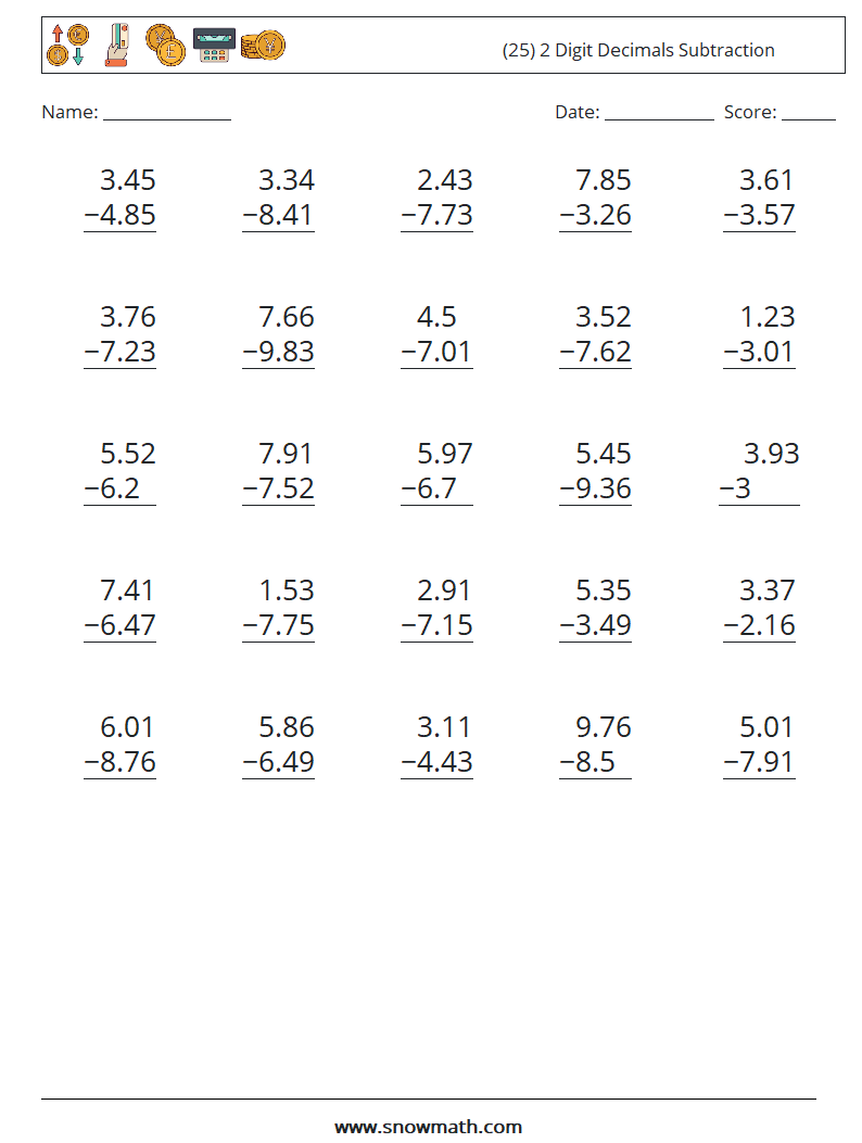 (25) 2 Digit Decimals Subtraction Math Worksheets 5