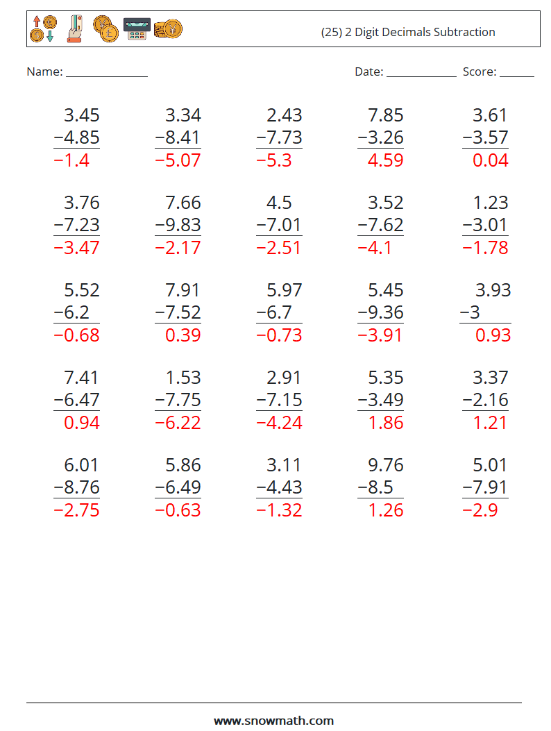 (25) 2 Digit Decimals Subtraction Math Worksheets 5 Question, Answer