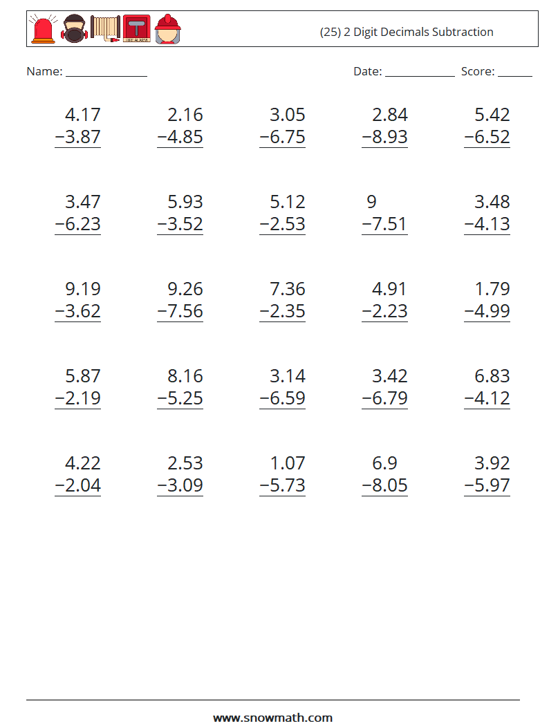 (25) 2 Digit Decimals Subtraction Math Worksheets 6