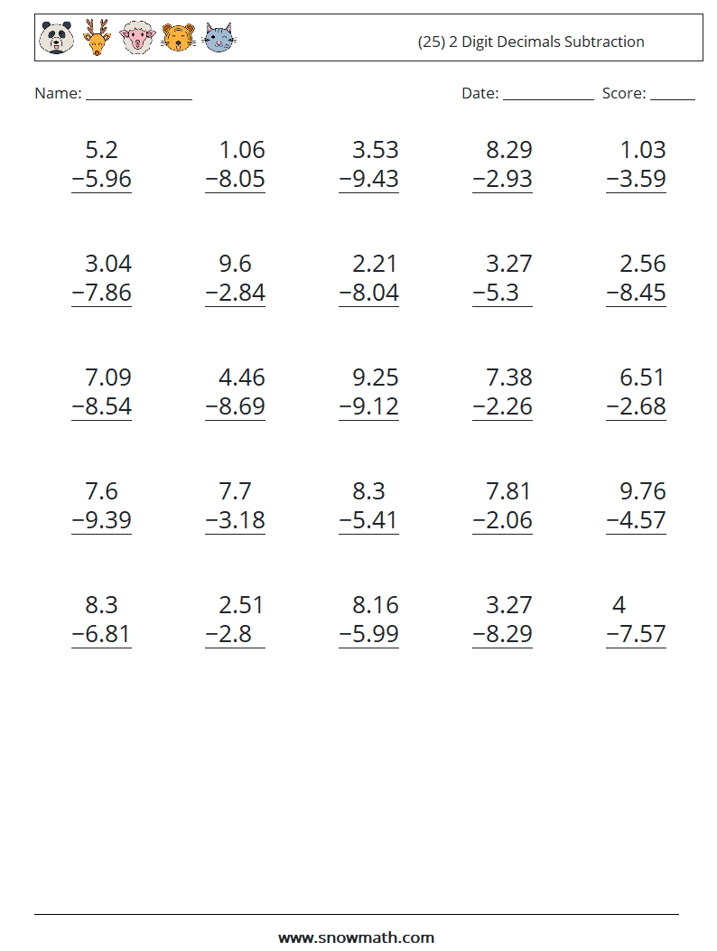 (25) 2 Digit Decimals Subtraction Math Worksheets 7