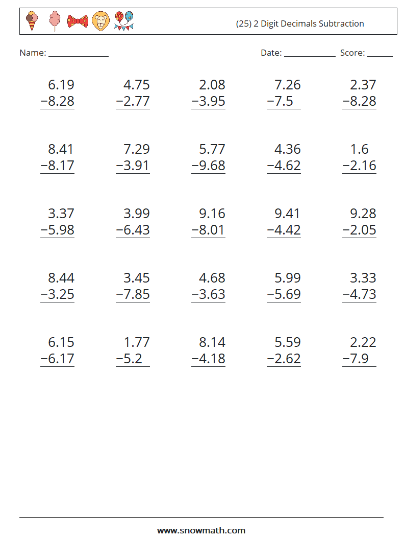 (25) 2 Digit Decimals Subtraction Math Worksheets 8