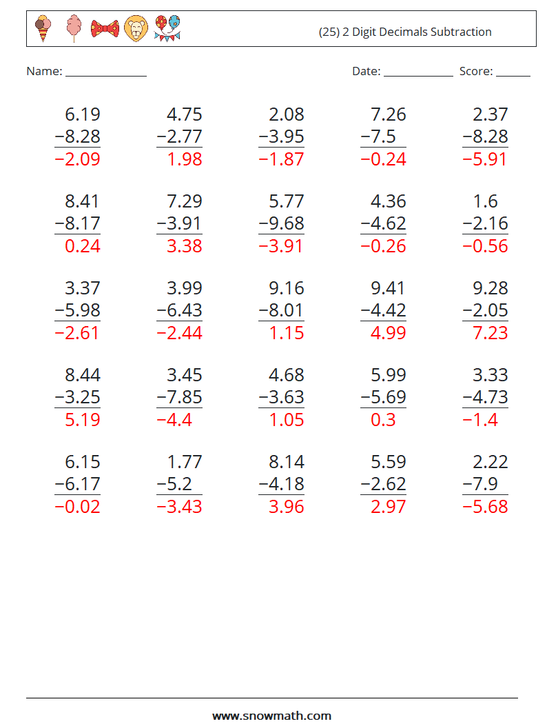 (25) 2 Digit Decimals Subtraction Math Worksheets 8 Question, Answer