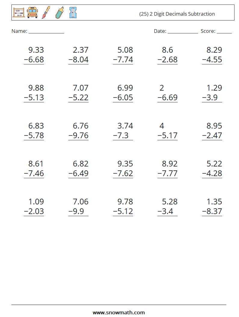 (25) 2 Digit Decimals Subtraction Math Worksheets 9
