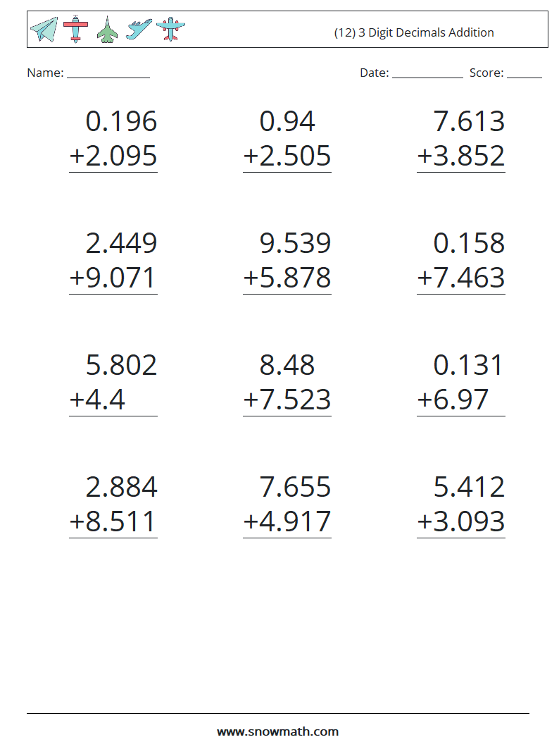 (12) 3 Digit Decimals Addition Math Worksheets 10