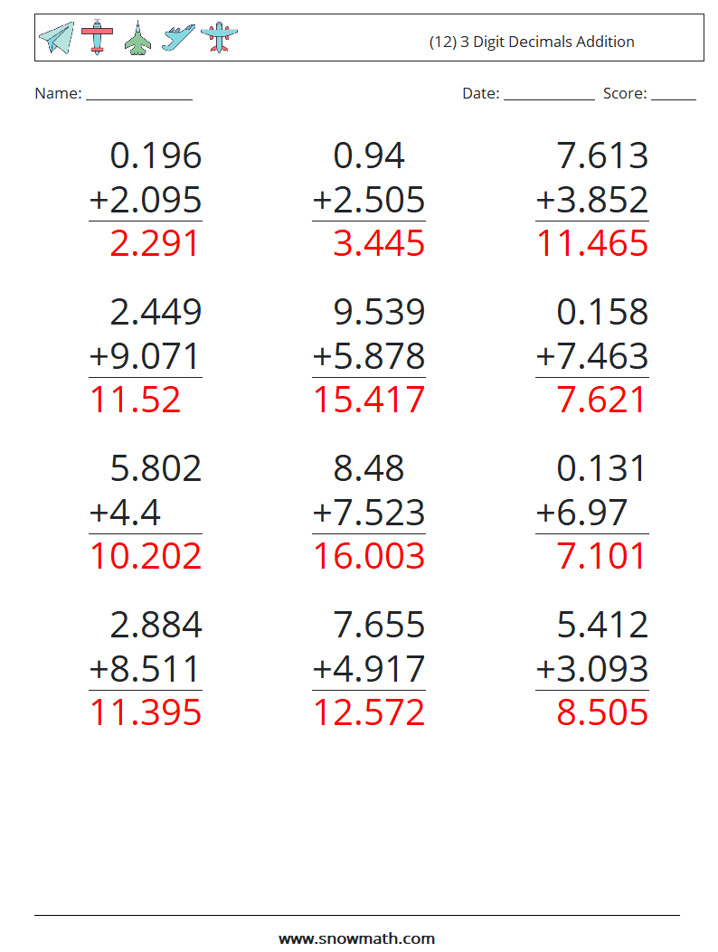 (12) 3 Digit Decimals Addition Math Worksheets 10 Question, Answer