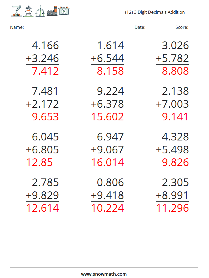 (12) 3 Digit Decimals Addition Math Worksheets 14 Question, Answer