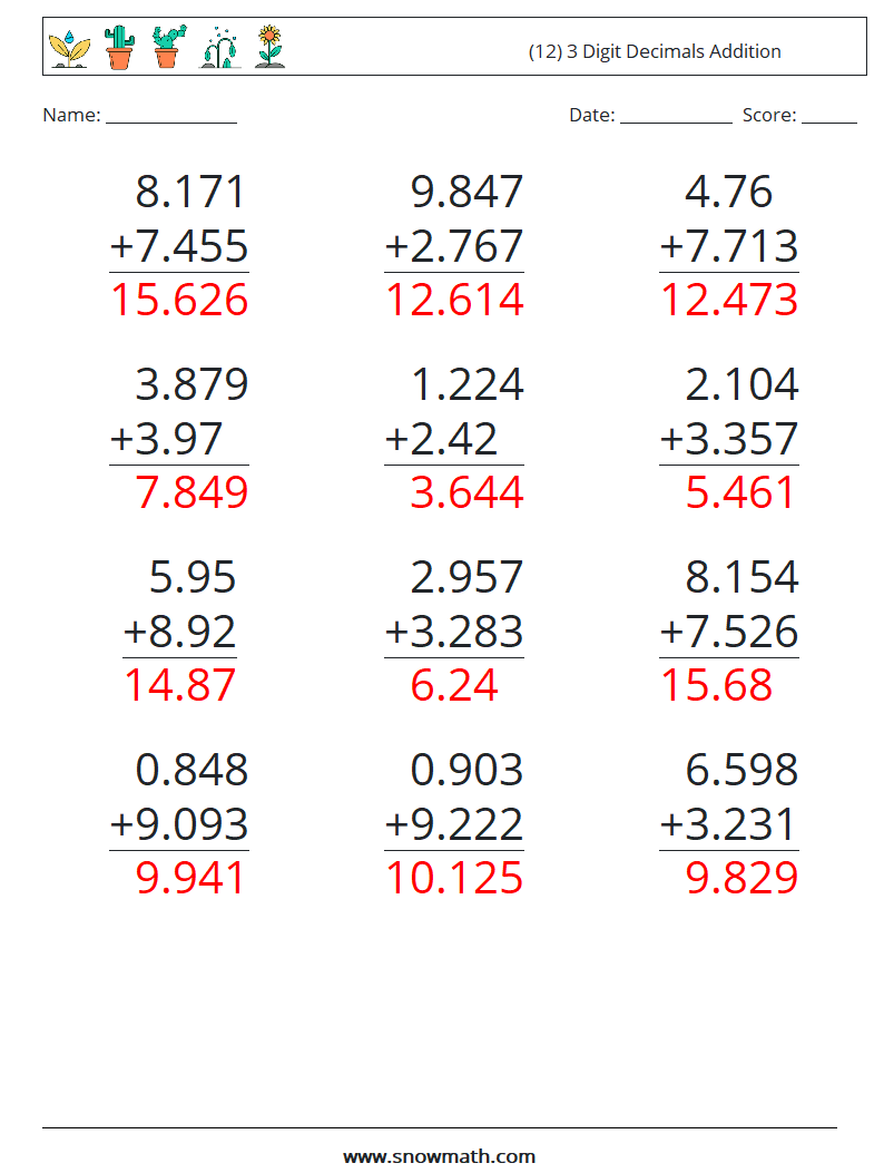 (12) 3 Digit Decimals Addition Math Worksheets 15 Question, Answer