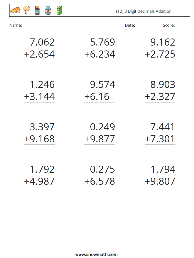 (12) 3 Digit Decimals Addition Math Worksheets 16