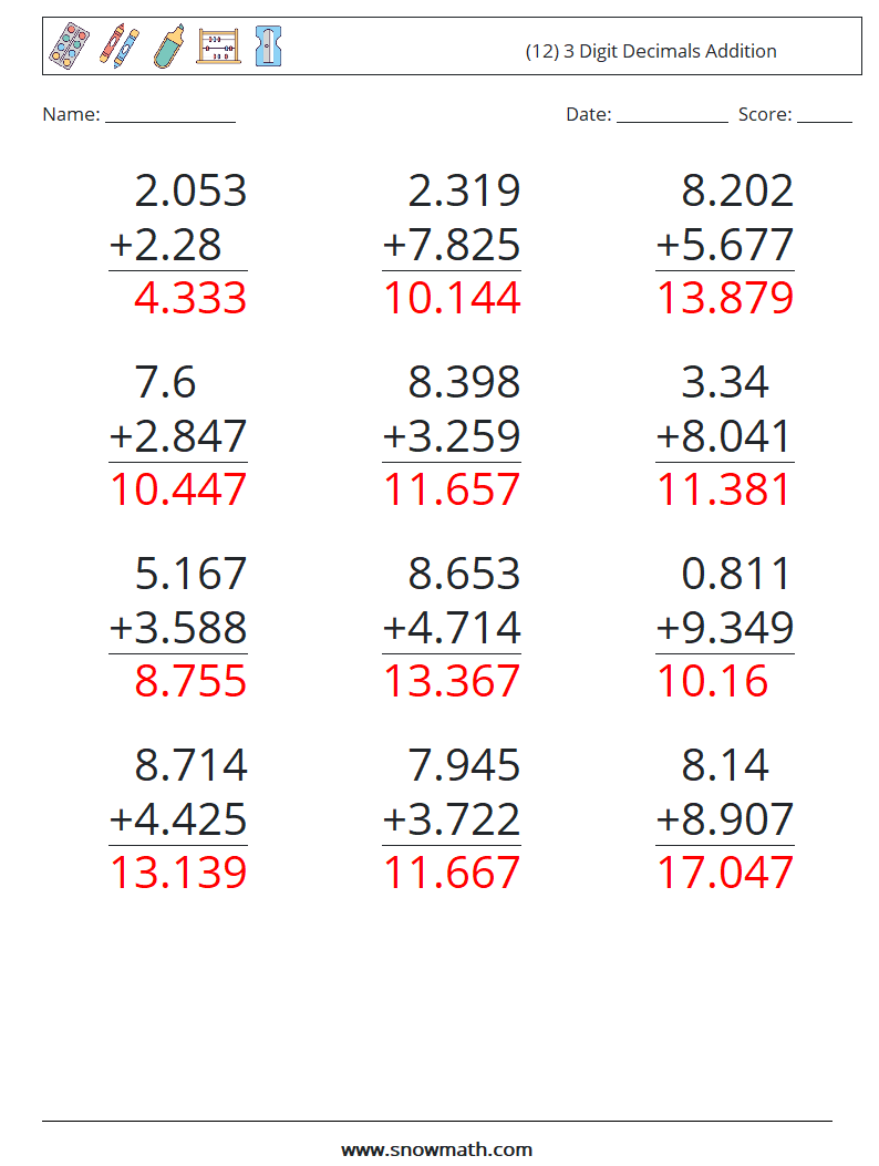 (12) 3 Digit Decimals Addition Math Worksheets 17 Question, Answer
