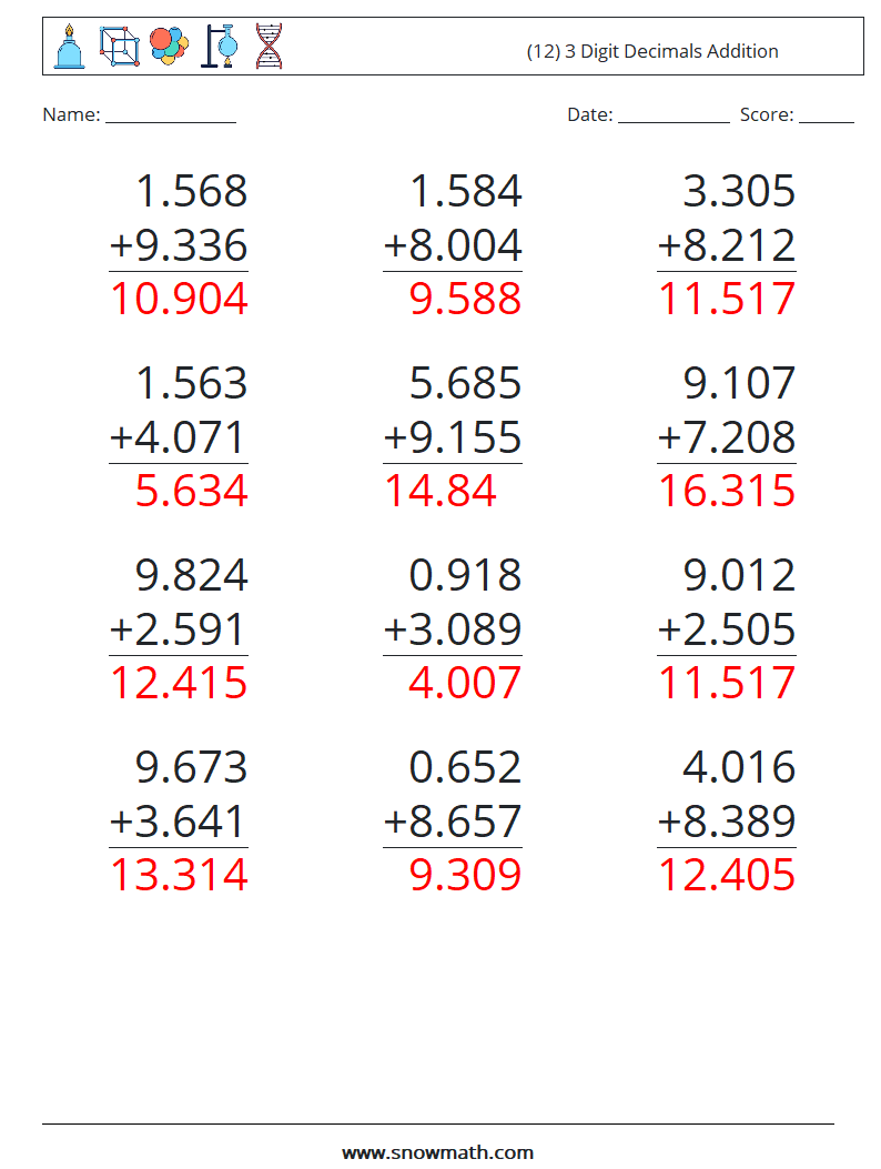 (12) 3 Digit Decimals Addition Math Worksheets 18 Question, Answer
