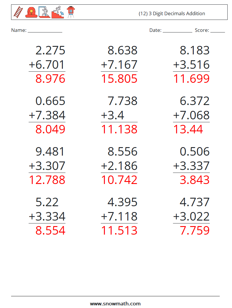 (12) 3 Digit Decimals Addition Math Worksheets 1 Question, Answer