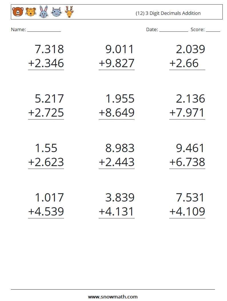 (12) 3 Digit Decimals Addition Math Worksheets 2