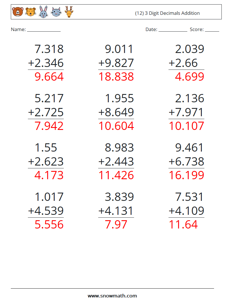 (12) 3 Digit Decimals Addition Math Worksheets 2 Question, Answer