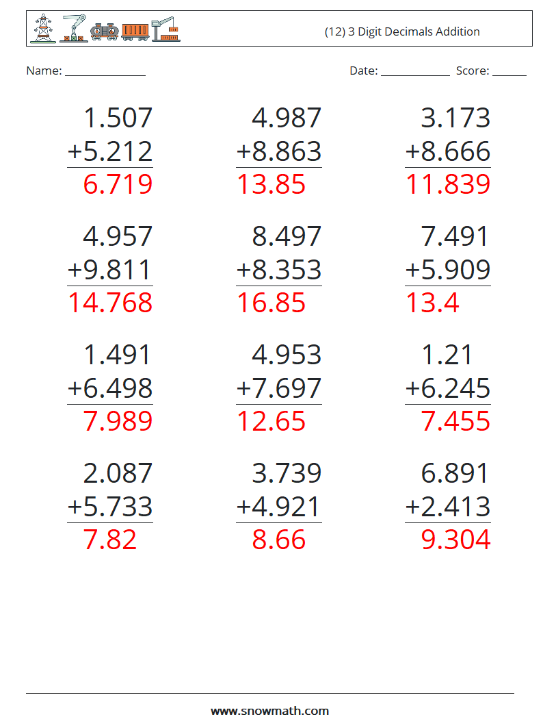 (12) 3 Digit Decimals Addition Math Worksheets 3 Question, Answer