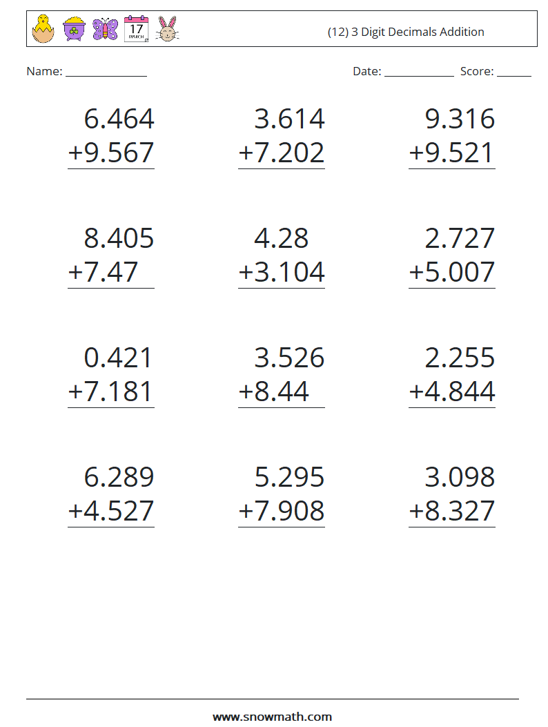 (12) 3 Digit Decimals Addition Math Worksheets 4