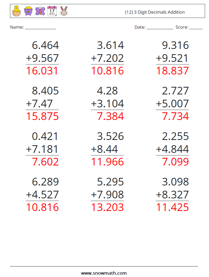 (12) 3 Digit Decimals Addition Math Worksheets 4 Question, Answer