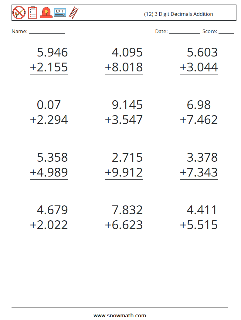 (12) 3 Digit Decimals Addition Math Worksheets 5