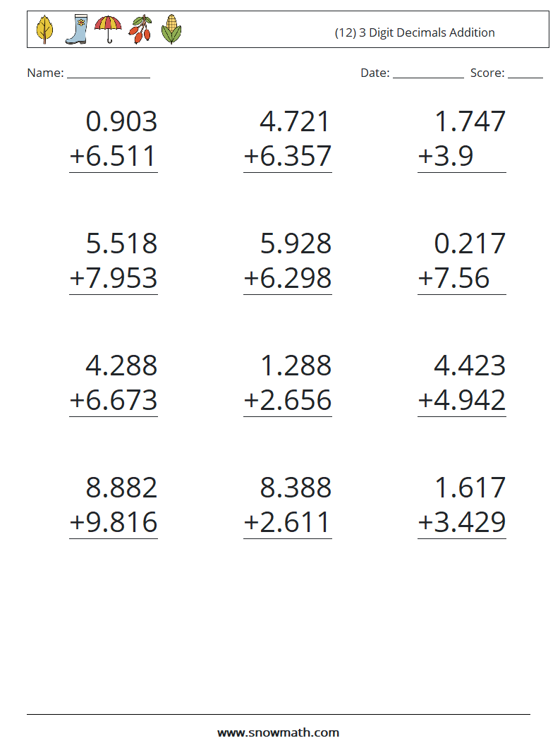 (12) 3 Digit Decimals Addition Math Worksheets 6