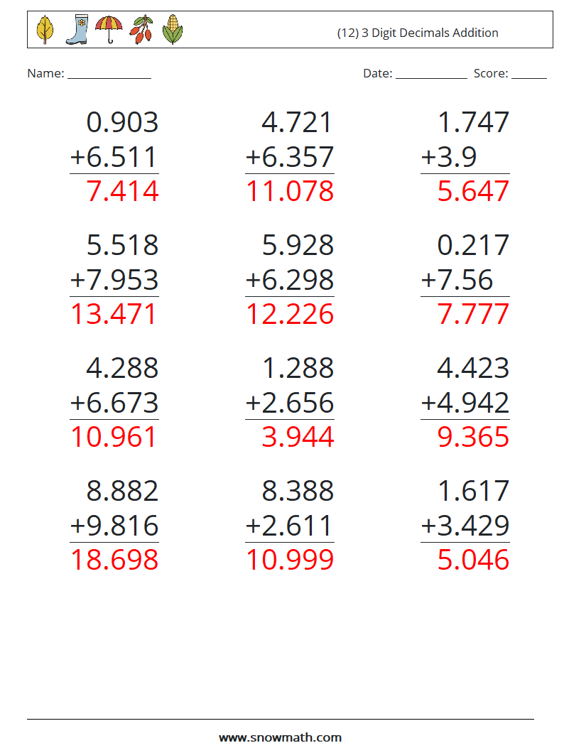 (12) 3 Digit Decimals Addition Math Worksheets 6 Question, Answer