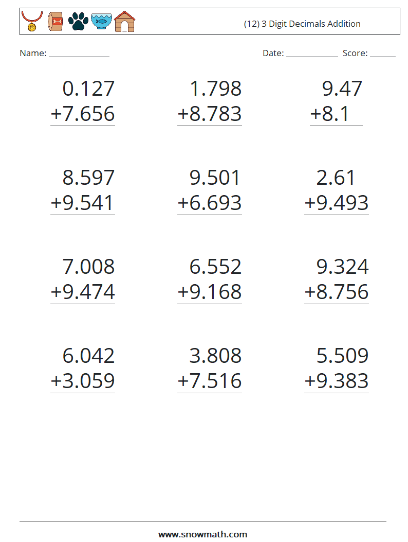 (12) 3 Digit Decimals Addition Math Worksheets 7