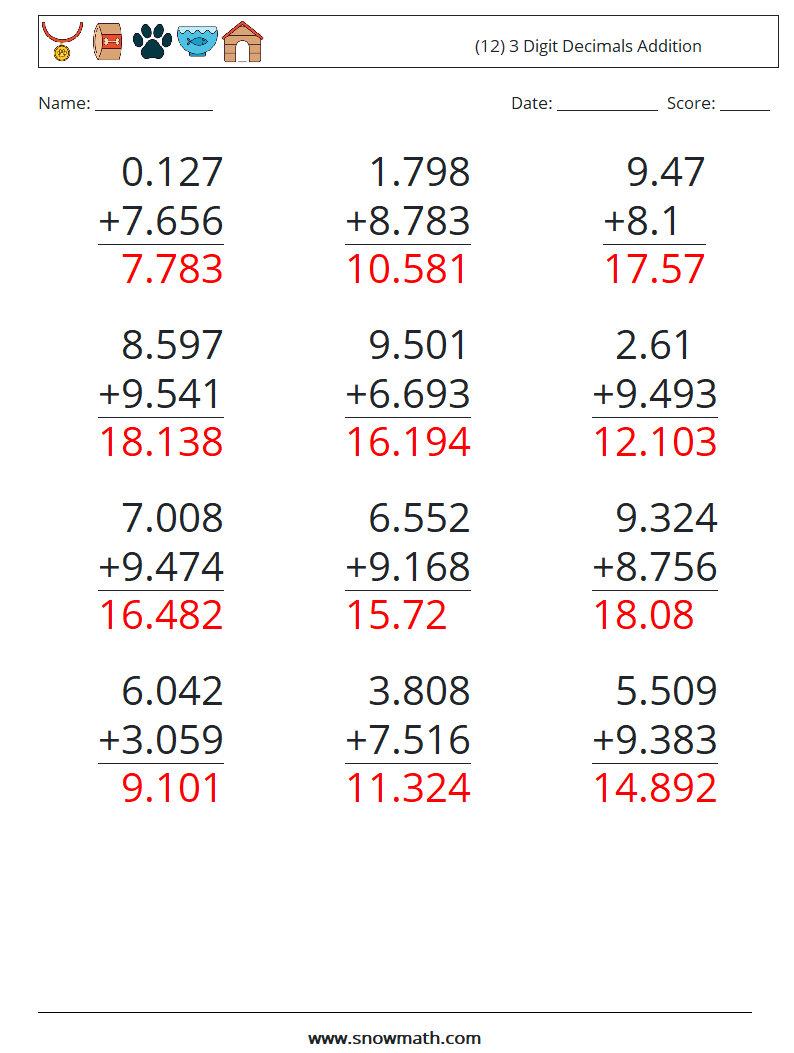 (12) 3 Digit Decimals Addition Math Worksheets 7 Question, Answer