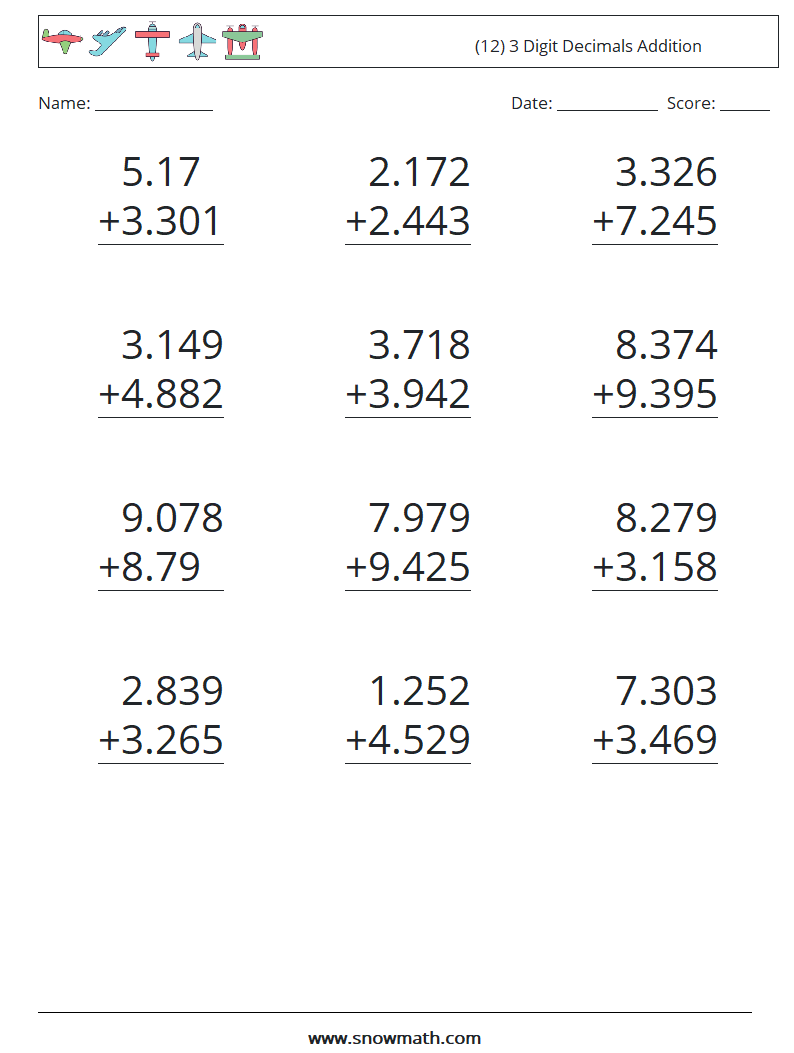 (12) 3 Digit Decimals Addition Math Worksheets 8