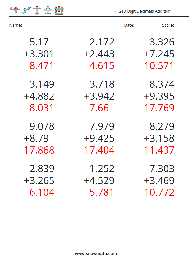 (12) 3 Digit Decimals Addition Math Worksheets 8 Question, Answer