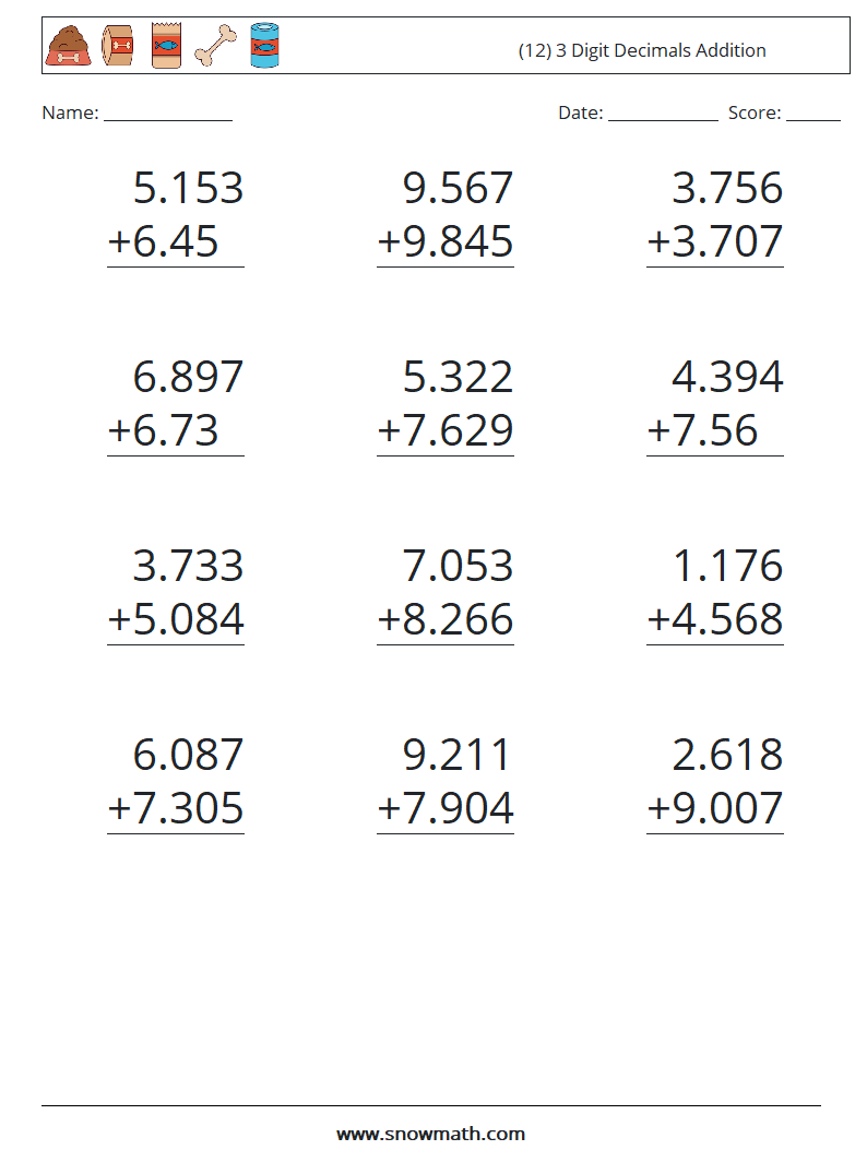 (12) 3 Digit Decimals Addition Math Worksheets 9