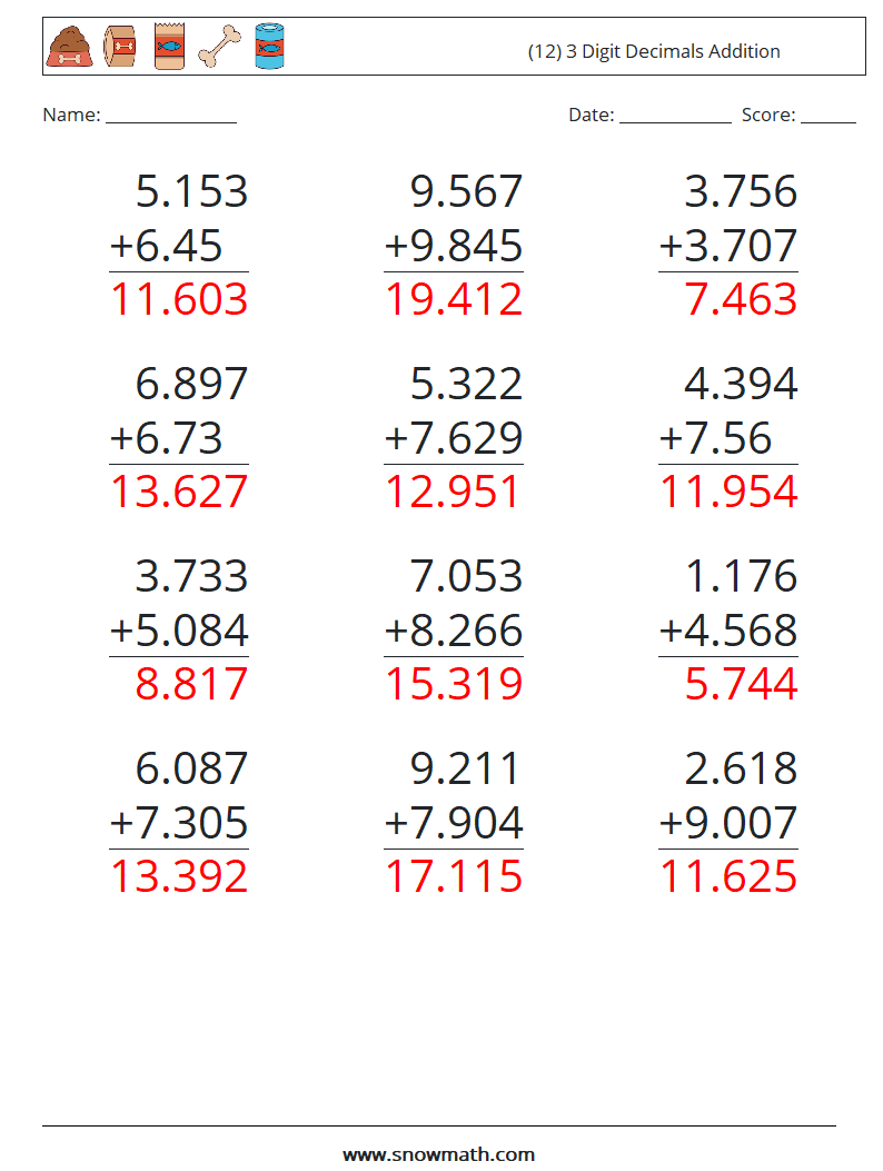 (12) 3 Digit Decimals Addition Math Worksheets 9 Question, Answer