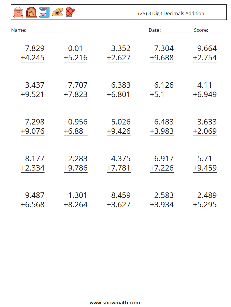 (25) 3 Digit Decimals Addition Math Worksheets 1