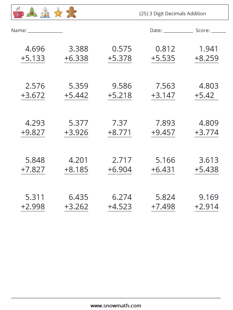 (25) 3 Digit Decimals Addition Math Worksheets 10