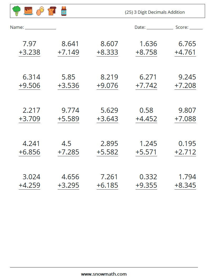 (25) 3 Digit Decimals Addition Math Worksheets 12