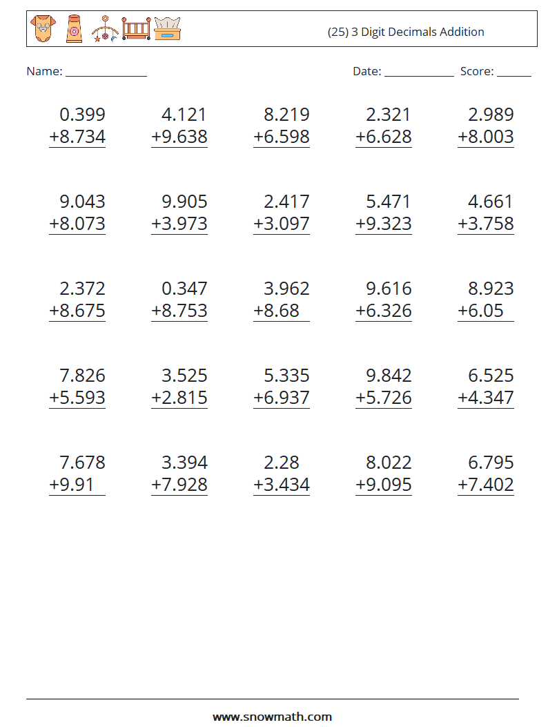 (25) 3 Digit Decimals Addition Math Worksheets 13