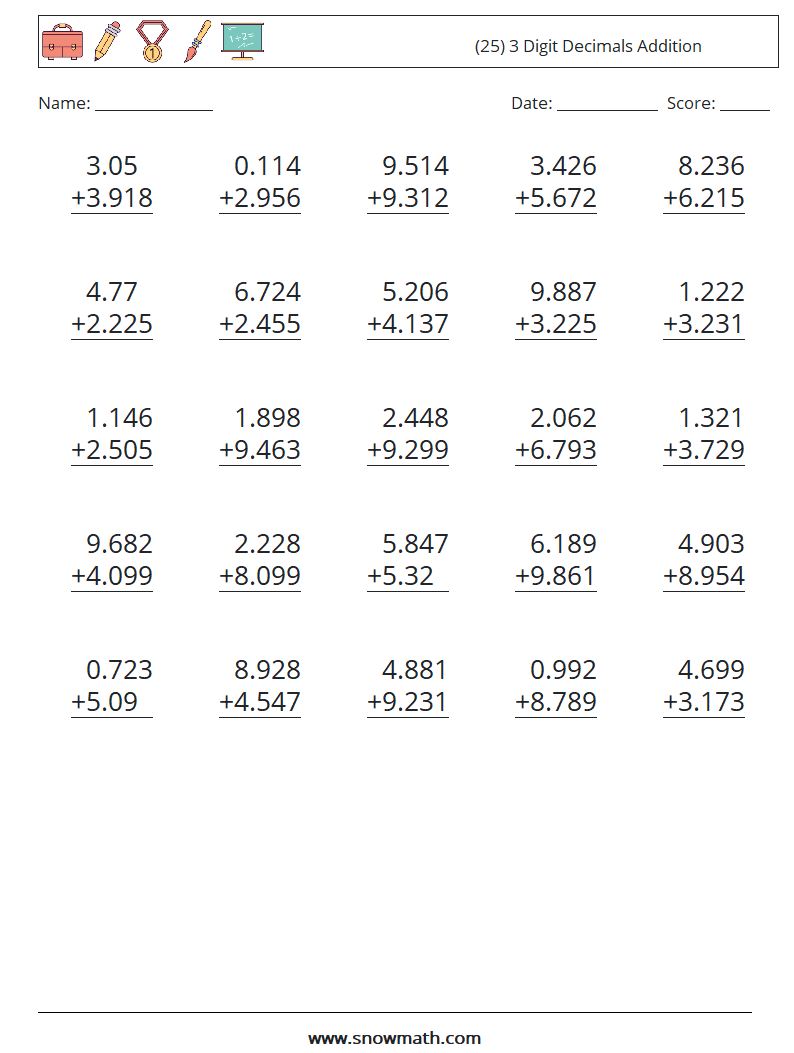 (25) 3 Digit Decimals Addition Math Worksheets 14