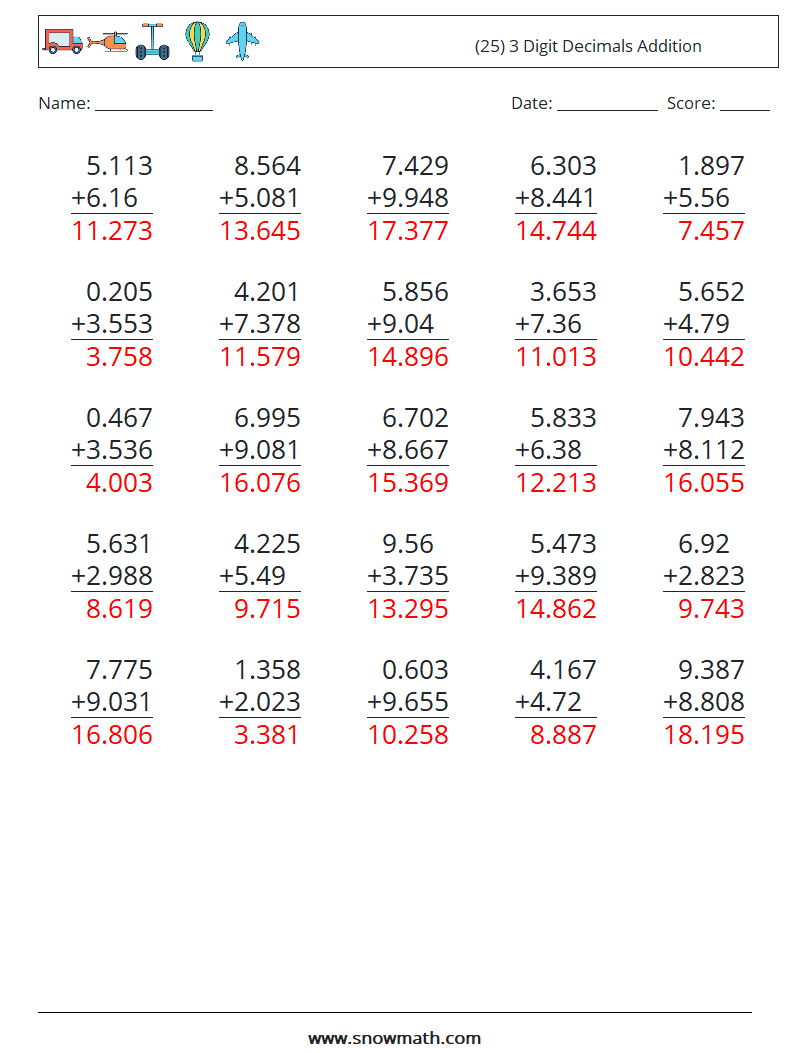 (25) 3 Digit Decimals Addition Math Worksheets 15 Question, Answer