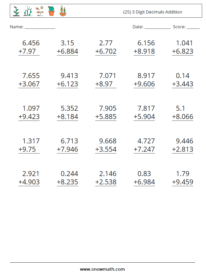(25) 3 Digit Decimals Addition Math Worksheets 16