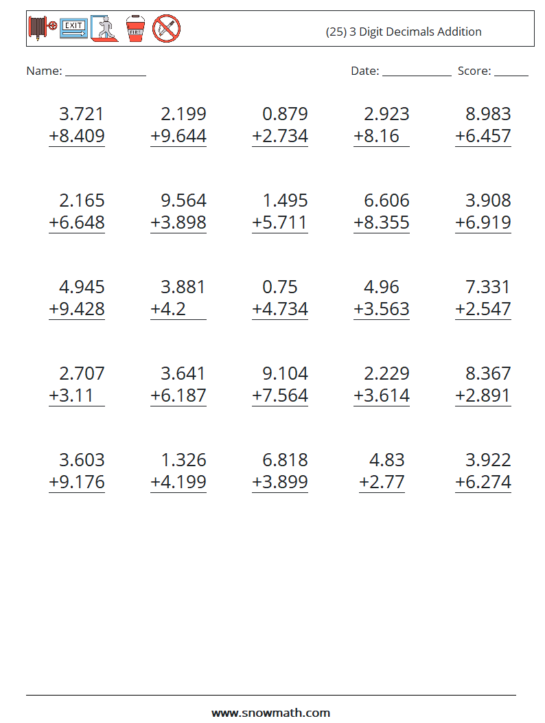 (25) 3 Digit Decimals Addition Math Worksheets 17