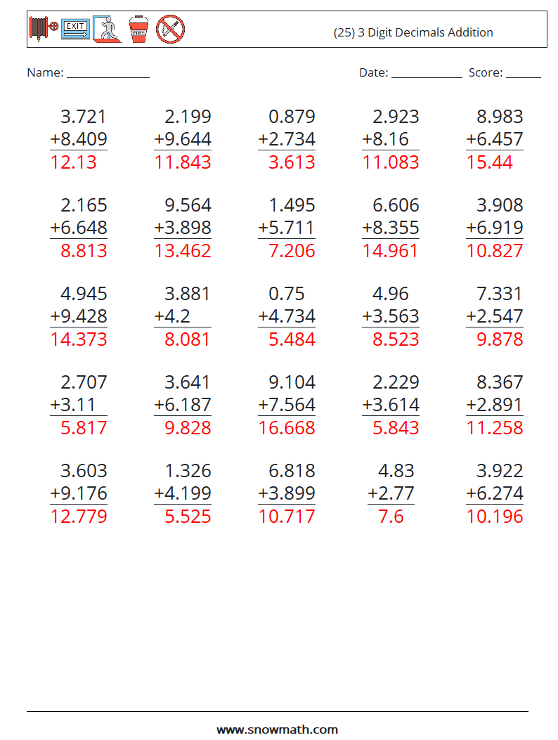 (25) 3 Digit Decimals Addition Math Worksheets 17 Question, Answer