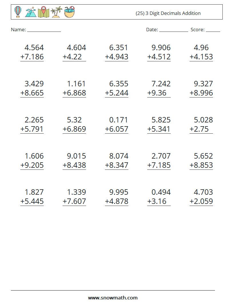 (25) 3 Digit Decimals Addition Math Worksheets 18