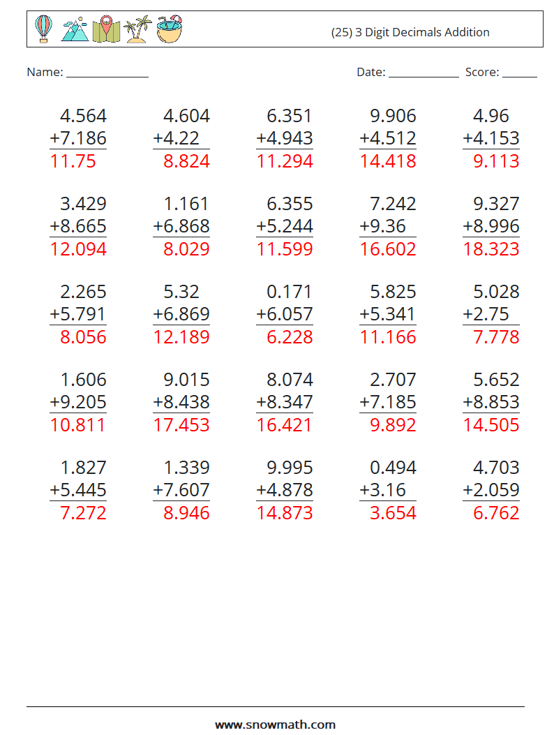 (25) 3 Digit Decimals Addition Math Worksheets 18 Question, Answer