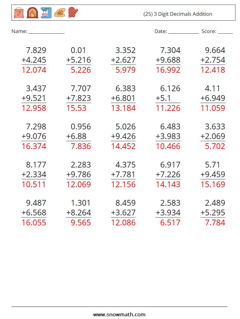 (25) 3 Digit Decimals Addition Math Worksheets 1 Question, Answer
