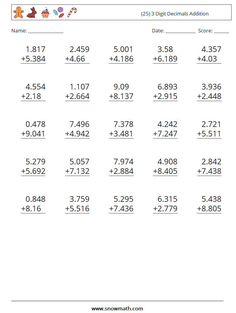 (25) 3 Digit Decimals Addition Math Worksheets 2