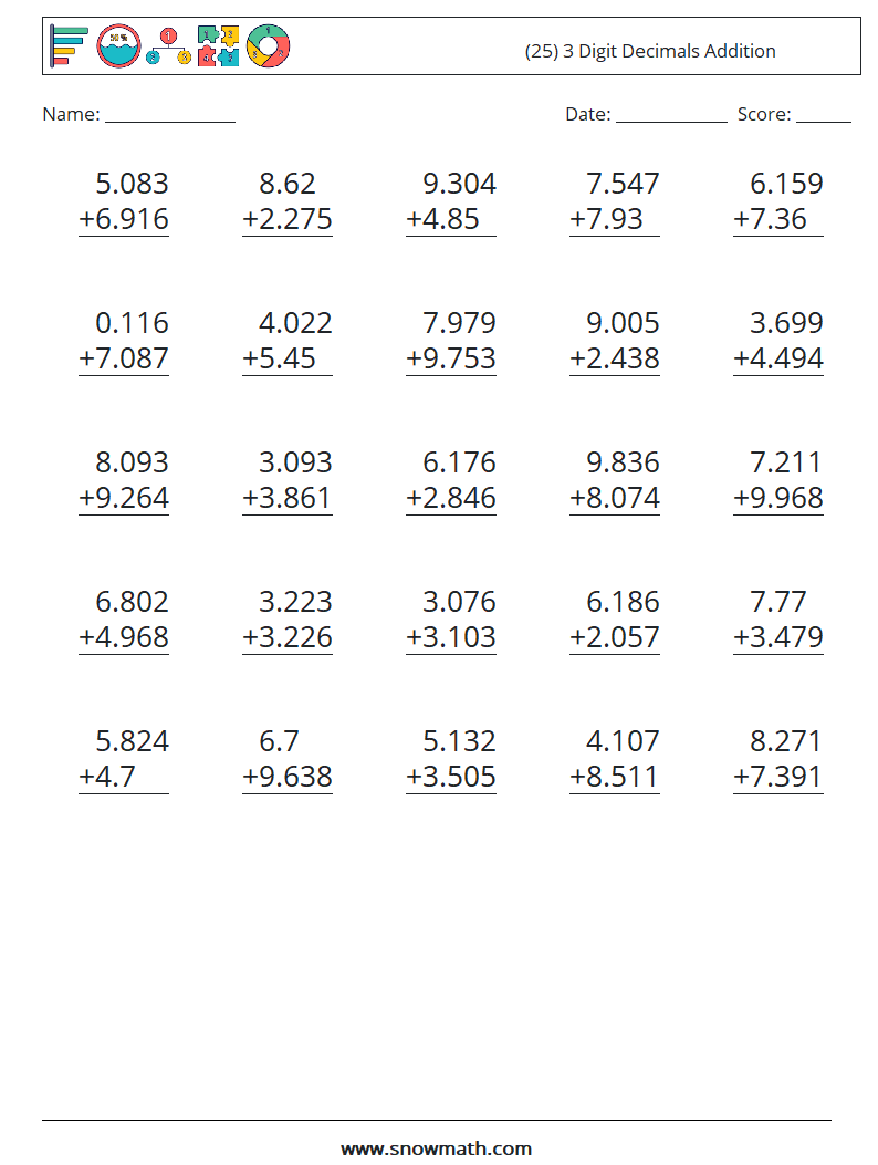 (25) 3 Digit Decimals Addition Math Worksheets 3