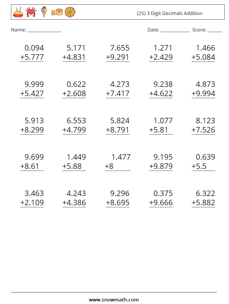 (25) 3 Digit Decimals Addition Math Worksheets 4