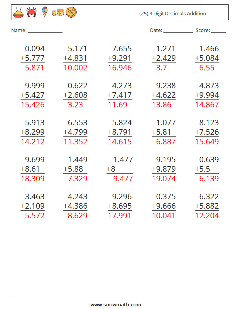 (25) 3 Digit Decimals Addition Math Worksheets 4 Question, Answer