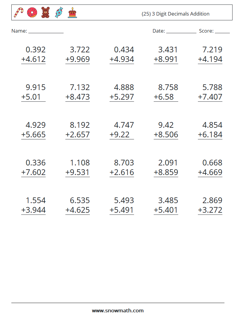 (25) 3 Digit Decimals Addition Math Worksheets 5
