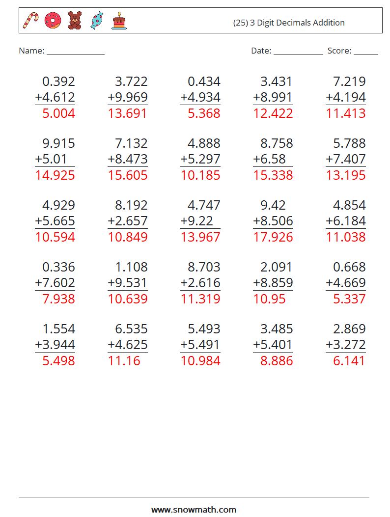 (25) 3 Digit Decimals Addition Math Worksheets 5 Question, Answer