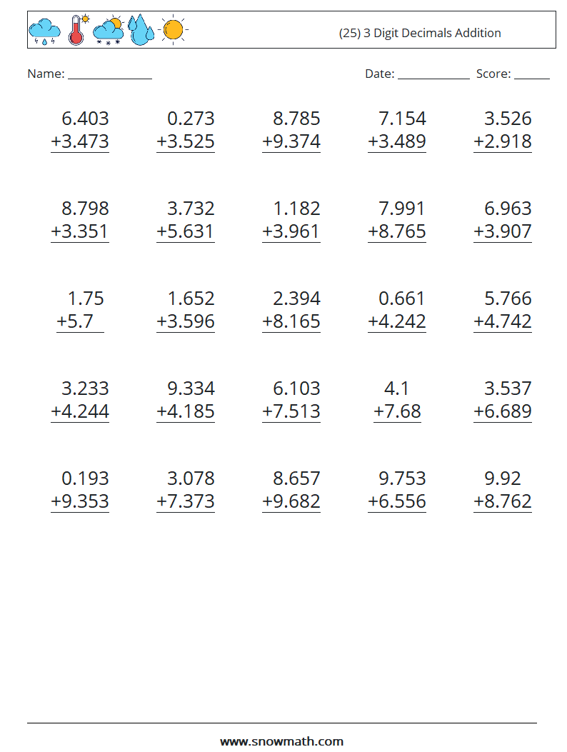 (25) 3 Digit Decimals Addition Math Worksheets 6