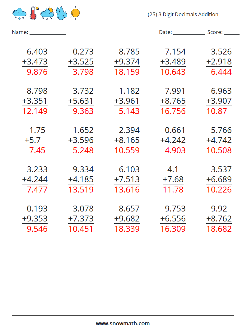 (25) 3 Digit Decimals Addition Math Worksheets 6 Question, Answer